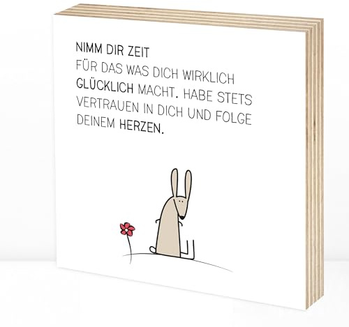 Wunderpixel® Holzbild Nimm dir Zeit Hase - 15x15x2cm zum Hinstellen/Aufhängen, echter Fotodruck mit Spruch auf Holz - schwarz-weißes Wand-Bild Aufsteller zur Dekoration Zuhause/als Geschenk