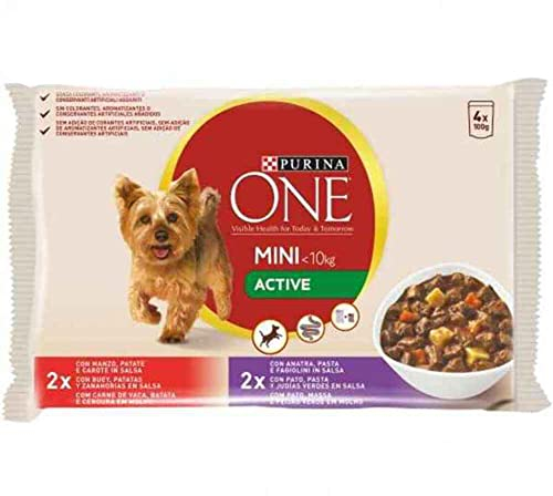 Purina One Mini Active Knospen in Sauce, Nassfutter für kleine Hunde, bis 10 kg, mit Rind, Ente und Gemüse, 4 Beutel à 100 g