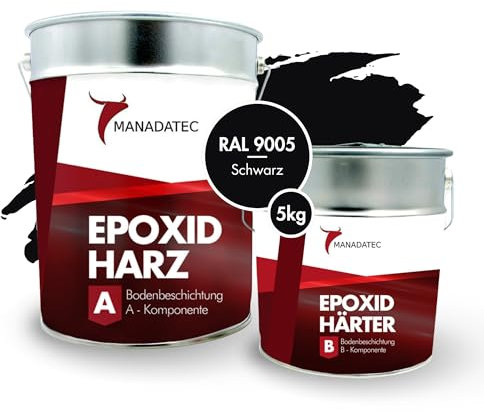 MANADETEC Resina epossidica 2k per rivestimento di pavimenti 5kg I Nero intenso RAL 9005 I Senza solventi, ecologico, inodore I Rivestimento per pavimenti di garage e cantine I Antiurto