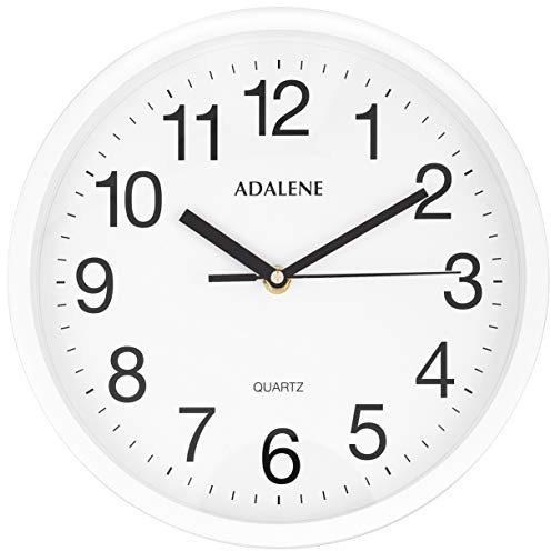 Adalene 10 Inch White Wall Clock Battery Operated Non Ticking - Completely Silent Wall Clock for Kitchen Office School Classroom Bedroom Bathroom
