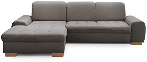 CAVADORE Sofaecke Lexi im Landhausstil / Sofa in L-Form mit XXL-Longchair links und Federkern / Inkl. Kopfteilverstellung / 275 x 82-99 x 173 / Flachgewebe: Hellgrau