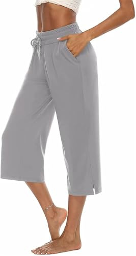 ASKSA Damen 3/4 Hose Caprihose Weites Bein Bequeme Freizeithosen Jogginghose Lose Yoga Sweathose Sommerhose mit Taschen (Grau,XL)