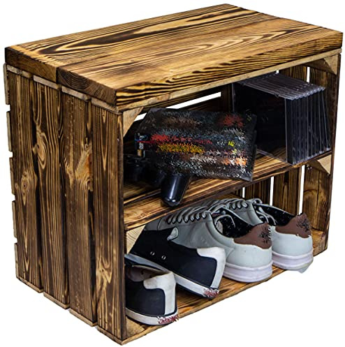 Kistenkolli Altes Land Sitzkiste Johanna Obstkiste und massiven Holzplanken Schuhablage Schuhkommode Hocker Sitzbank Holzbank Regalkiste aus Holz Maße 50 x 30 x 43cm L x T x H (Geflammt/geflammt)
