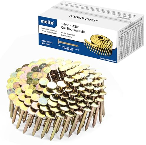 meite Coil Roofing Nails 1-1/4-Inch x .120-Inch Electro Galvanized 15 Degree Round Head Coil Nails for Roofing Nailer Gun, Wire-Weld Collated Nails Smooth Shank for Roof Lathing Sheathing 2,880PCS