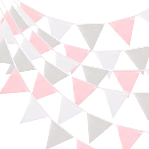 G2PLUS 12m Rosa Grau und Weiß Wimpelkette Stoff, 42 STK Große Stoffgirlande, 19x21CM Stoff Wimpel Girlande für Haus und Garten Dekoration