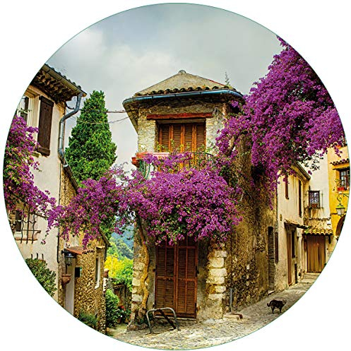 Wallario Glasbild rund Malerische Stadt in der Provence mit bunten Blumen - Rund, 50 cm Durchmesser Wandbild Glas in Premium-Qualität: Brillante Farben, freischwebende Optik