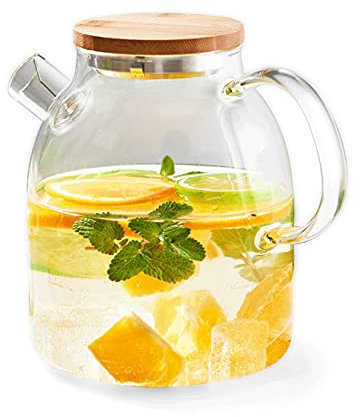Glass Teapot Cold Kettle with Handle Beverage Pitcher 1600ml Heat-Resistant High Borosilicate Glass Fridge Stove Safe for Hot、Ice Water Coffee and Juice Beverage