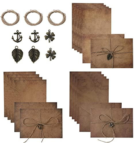 SAVITA 30 Stück Briefumschläge, Vintage und antikes Papier, 16,2 x 11,4 cm, 6 Umschläge in Antikoptik und 12 Stück altes Papier mit 6 Hanfseilen, 6 Metall-Charms zum Schreiben (Stil 1)