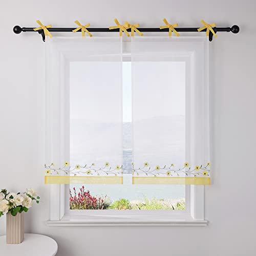 SCHOAL Scheibengardine mit Tunnelzug 1 Piece Kleinfenster Weiß Gardinen Küche Voile Bistrogardinen Landhaus Fenstergardine 1 Stück BxH 80x150cm Gelb