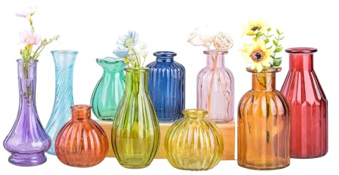 Eleganttime Bud Vases for Flowers,Glass Colored Bud Vase in Bulk Set of 10,Small Vintage Vase Bottle for Wedding Decorations,Garden and Home Decor,Centerpieces,Colorful Mexican Décor