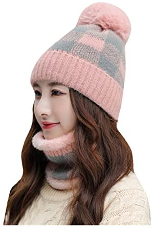 Mütze Damen Mit Bommel Winter Beanie Mütze Damen Mütze Gefüttert Fell-Bommel Kunstfell Wintermütze Bommelmütze Grobstrick Winter Fellbommel Mütze