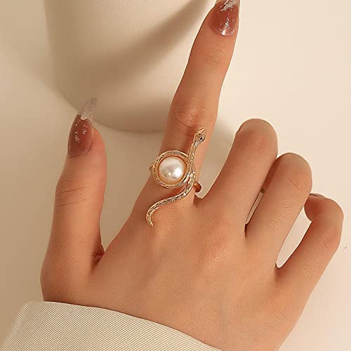 Wendalern Anello in oro serpente da donna, con perla impilabile, indice animale da matrimonio, regolabile, per fidanzamento, gioielli per ragazze