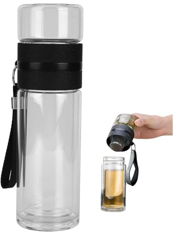 Cyrank Tea Infuser Bottle, 350ml Glass Tea Bottle with Stainless Steel Strainer Insulated with Double Wall Portable Travel Tumbler Mug Clear Travel Cup Tea Infuser Mug