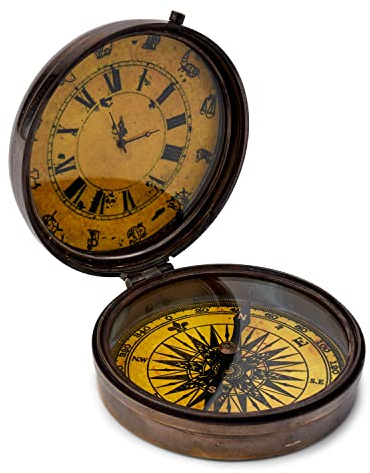 NKlaus Kompass mit Uhr Messing antik 8cm Taschenkompass Peilkompass Richtungsanzeiger 11686