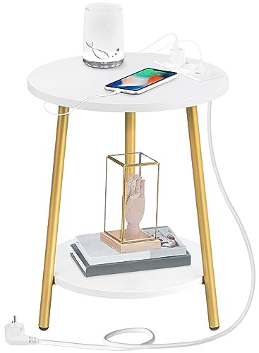 HOOBRO Beistelltisch mit Ladestation, runder Couchtisch mit 2 Ebenen, Wohnzimmertisch, Nachttisch für kleine Räume, Sofatisch für Wohnzimmer, Schlafzimmer, Weiß und Gold EDW67CBZ01