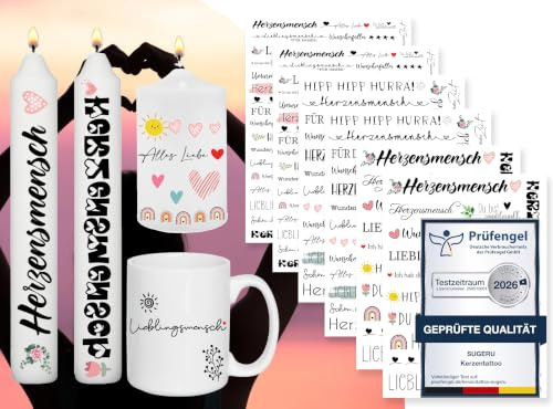 Sugeru 6 PCS Kerzentattoo (200+ Muster),Wassertransferdruck |wasserschiebefolie kerzen | Kerzenfolie | kerzenaufkleber sticker | Kerzen dekorieren (Lieblingsmensch)