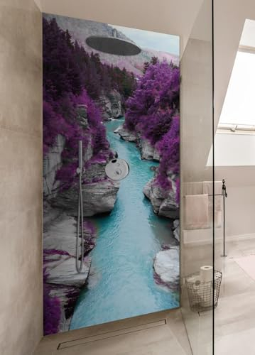 Wallario Selbstklebende Duschrückwand 90 x 200 cm mit Motiv Fluss in lilafarbener Schlucht - Wandverkleidung Fließenersatz mit Hochglanzlaminat in Glasoptik