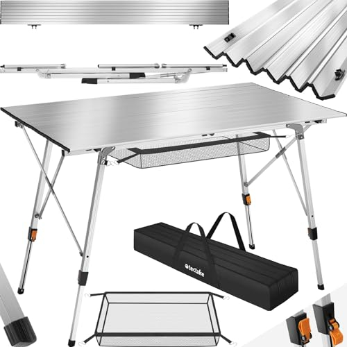 TecTake Table de camping haute gamme, hauteur réglable, aluminium léger, résistante aux intempéries, installation facile avec filet de rangement, table pliante, sac de transport à double poignée