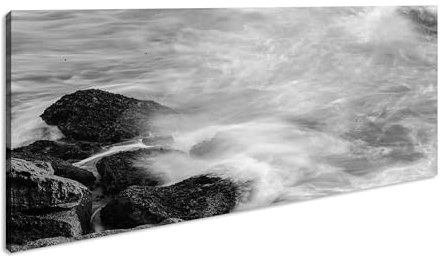 Onde oceaniche sulle rocce panoramiche, 60 x 30 cm, effetto: bianco e nero, stampa digitale di alta qualità con cornice