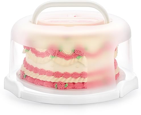 OLegei Scatola per il trasporto di torte portatile in plastica multifunzione Scatola per torte con manici e vassoio girevole per cupcake, dolci, dolci, pane, torte (bianco, 30 cm)