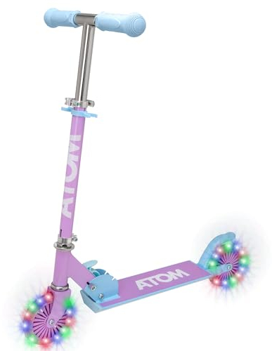 Atom Kinderroller Inline mit leuchtenden Rädern | Verstellbare Lenkerhöhe | Leicht Faltbarer Scooter für Jungen & Mädchen | Stabiler Tretroller für Kinder von 5-12 Jahren (Lila & Blau)