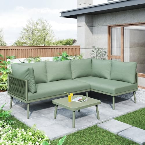 Goeria Garten-Lounge-Set aus Eisen, Gartenmöbel-Set aus grünem Seil, L-förmiges Gartenmöbel-Set, Lounge-Set aus grünem Seil mit Sitzkissen, verstellbaren Füßen, 1 Tisch und 2 Sofas