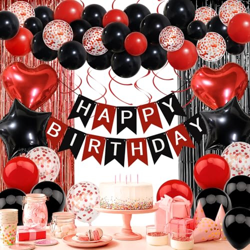 Geburtstagsdeko Rot Schwarz - Geburtstag Party Deko, Premium Happy Birthday Girlande Luftballons Vorhänge, Kindergeburtstag Jungen Mädchen, Geburtstagsdeko Männer Frauen
