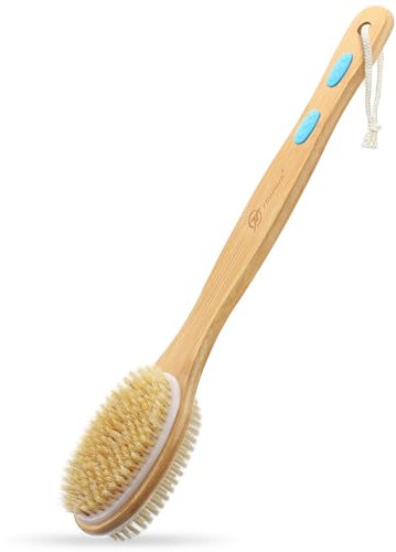 FREATECH Duschbürste mit Langem Bambus Stiel, Doppelseitige Rückenbürste Badebürste Rückenschrubber Körperbürste Peelingbürste mit Harten und Weichen Borsten zum Nass- oder Trockenbürsten