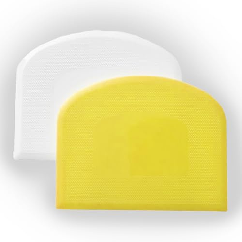 EXPECTRO Dough Scraper Dual Sided, Flexible and Food Grade Plastic Bowl Scraper for Bread, Pizza, Pastry with Measurements, Cream Smoother for Bakers (2Pcs Yellow/White)