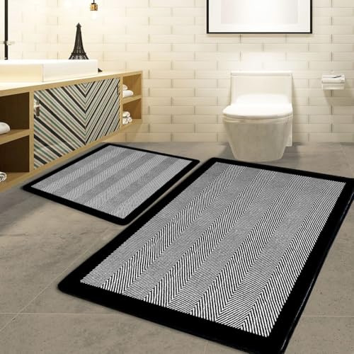 miqna Schwarz-Weiß Gestreiftes 2-teiliges Badezimmerteppich Set – Moderner, Rutschfester und Wasserabsorbierender Badvorleger (Barley Black, 60 x 100 cm - 50 x 60 cm)