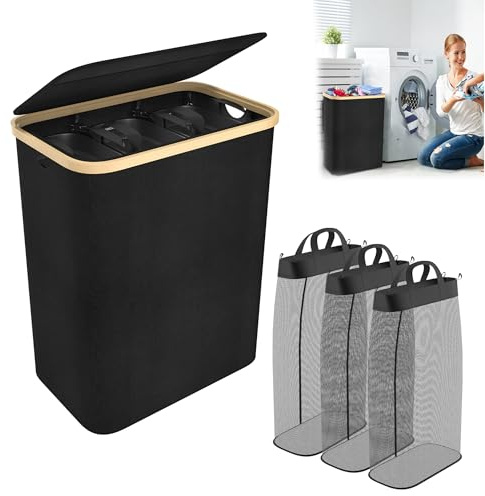 YRHome Wäschekorb mit Deckel 140L 3 Fächer Wäschesack Wäscheboxen Wäschetonne Wäschesortierer Wäschetruhe Waschekorbsammler mit Griffen Laundry Baskets Wäscheschrank für Schlafzimmer - Schwarz