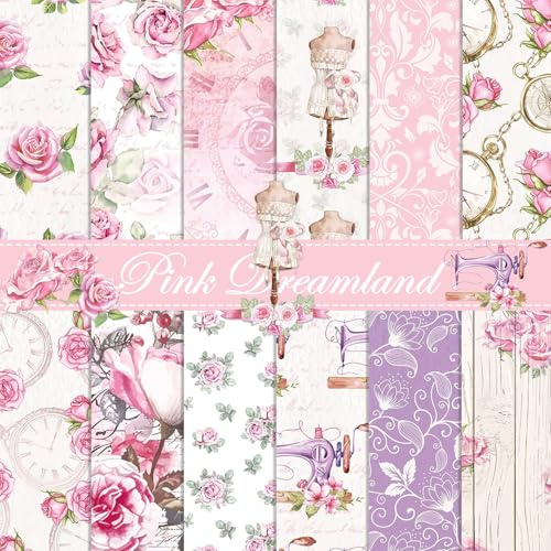 sorkwo 24 Sheets Pink Roses Pattern Paper, 11.8 x 11.8 Patterned Cardstock Paper Scrapbooking Supplies Paper Vintage Decorative Craft Paper for DIY Card Making Photo Album Junk Journal Décor