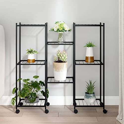 Xichuzi Blumenständer mit Rollen, Pflanzenständer, Pflanzenregal, Blumentreppe, Blumenleiter, Pflanzenleiter, Kräuterleiter, 83x25x83,5 cm Schwarz Eisen
