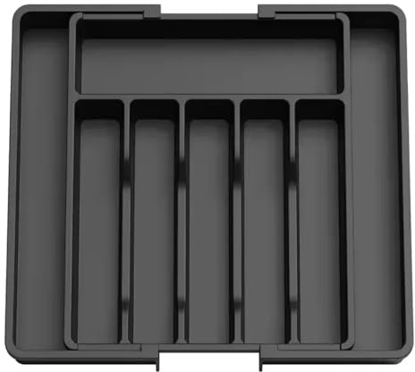 Premium Cutlery Drawer Organiser, Expandable Utensil Tray for Kitchen, Adjustable Silverware and Flatware Holder, Compact Plastic Storage for Spoons Forks Knives, Large, Black