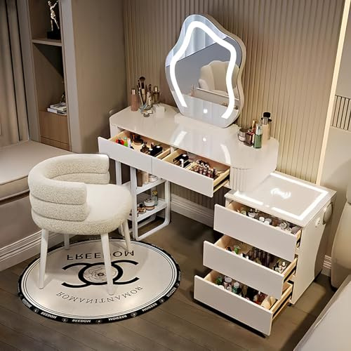 Generisch Schminktisch mit Spiegel,Schminktisch mit Stuhl,Bluetooth-Lautsprecher, Seitenschrank und USB/kabelloses Laden und 5 Schubladen für Damen und Mädchen (Weißes Kommodenset)