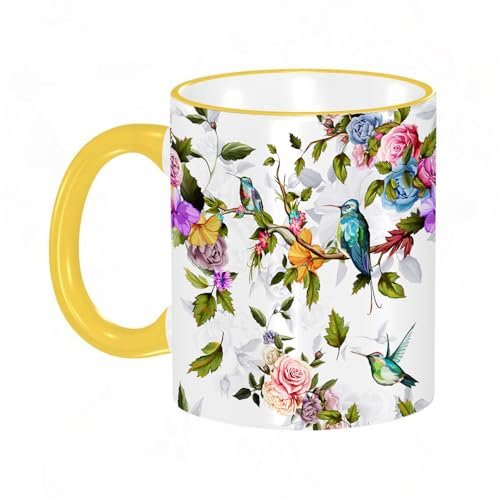 YOIUE Tasse aus Keramik - Große 11oz Tassen 330ml Kaffeetassen mit Henkel, 100% Handbemalt - Trinkgläser mit Griff - Weiß,Kolibri-Rosen-Pfingstrose mit Blättern auf Weiß. Aquarell.