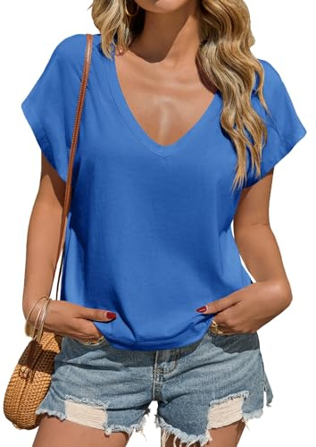 Tankaneo - Maglietta da donna con scollo a V profondo, a maniche corte, casual, estiva, basic, tinta unita, Blu, XXL