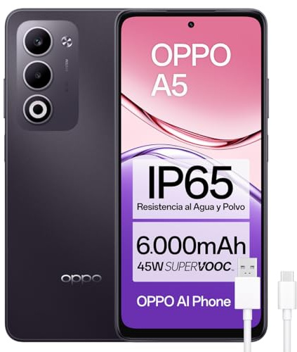 OPPO A5 - Smartphone Libre con IA, 6GB RAM + 128GB, Pantalla 6.67 90Hz, Cámara 50MP, Batería 6000, Carga Rápida 45W, Versión Española – Morado