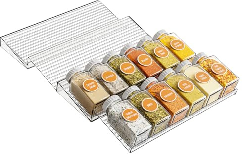 Gewürzregal Schublade, Gewürz Organizer Schublade aus Acryl Transparent, 4 Stück Kombinierbarer Gewürzeinsatz Schublade Breite 28 bis 56 cm, Spice Rack für Arbeitsplatte/Schrank, Durchsichtig