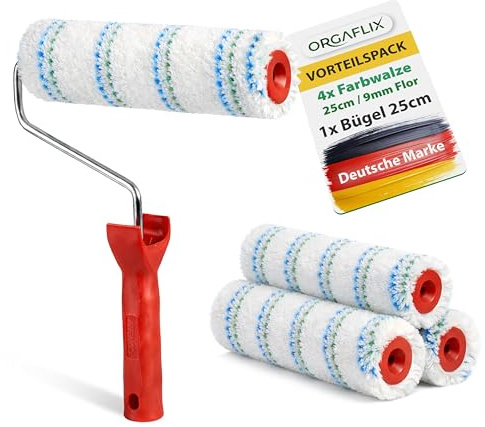 ORGAFLIX Profi Farbwalze 25cm, 4 Stück inkl. Bügel - Ideale Farbaufnahme und Abgabe, Florhöhe ca. 9mm, Kern 48mm, Farbroller Wandfarbe, Malerrolle groß, Farbrolle, Malerwalze, Maler-Zubehör