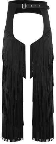 Vxuxlje Mens Western Cowboy Faux Suede Chaps Tiered Tassel Hollow Out Long Pants Riding Trousers Black Large