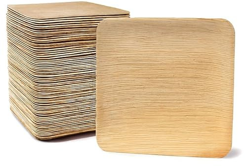 Genérico 100 platos de madera de palmera, natural, biodegradable, campestre - redondos o cuadrados (lote de 100 piezas) (grandes cuadrados, 23 x 23 cm (100 unidades)