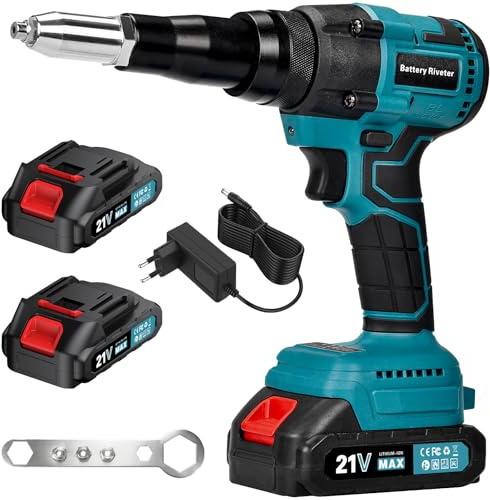 Rivettatrice a Batteria, 20000N Pistola a Rivetti Senza Spazzole, Rivettatrice Elettrica Automatica con 2x1.5Ah Batterie, per rivetti 2.4-4.8 mm, Corsa 18mm, per cantieri