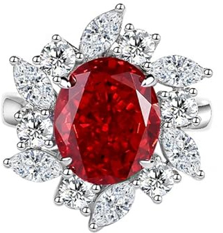 Ayoiow Großer Rubin Verlobungsring 585 Weißgold für Damen mit 4ct Im Labor Wurde Ruby Erstellt. und Moissanit, Blumenkranz Vorsteckring Weißgold 585 für Sie, 14 Karat Größe 61 (19.4)