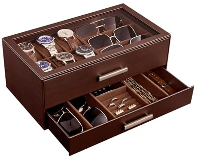 ProCase Mens Jewelry Box, 6 Slot Watch Case with Drawer & Glass Display Top, 2-layer Watch Holder Storage for Watches, Sunglasses, Rings, Bracelets, Jewelry Organizer, Gift for Men -Espresso