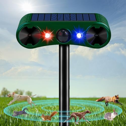 Ultrasonic Cat Repellent, Cat Deterrents Solar Powered Animal Repeller with PIR Motion Sensor & Flashing Light, 2 Modes Waterproof Wild Animal Scarer Repellent for Cats, Dogs, Fox, Bird