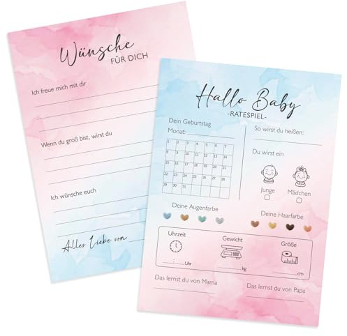 COMOOKA 25x Babyparty Ratespiel Karten zum Ausfüllen Gender Reveal Spiele | Hallo Baby Karten Blau & Rosa, Babyparty Spiele für Gender Reveal Party Deko, Babyshowerparty Deko für Mädchen & Junge