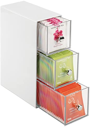 mDesign Aufbewahrungsbox mit 3 Schubladen – Schubladenbox für Teebeutel, Kaffeepads, Süßungsmittel und mehr – Teekiste aus Kunststoff – weiß/durchsichtig