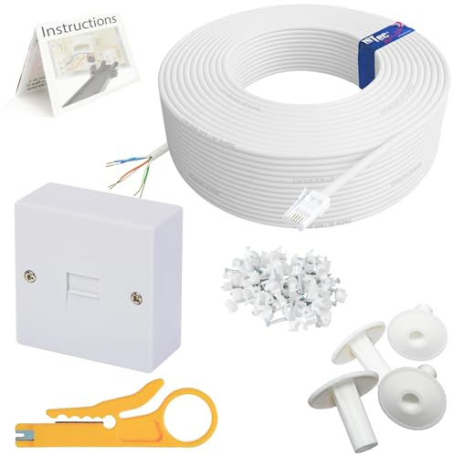 1STec 10m DIY BT Openreach Phone/ADSL Fibre Broadband Kit with Solid Core Twisted Pair Cable Plug 2/3a Surface Mount Wall Box Grommets Clips Screws Instructions (10 Metre, White)