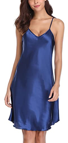 Vlazom Chemise Nuisette de Nuit Femme Satin Sexy Bretelles Reglables Robe de Nuit,Navy,XL